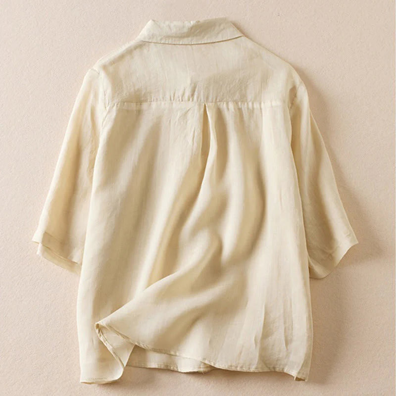 Buddha Stones Retro Plain Fake Two Pieces Button Half Sleeve Design Women's Cotton Linen Shirt