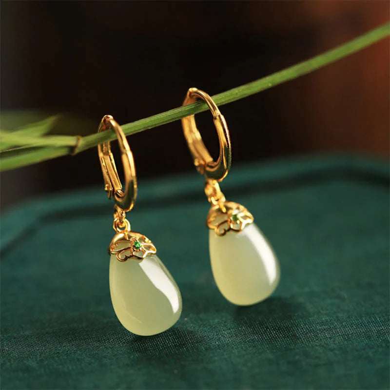 Buddha Stones Green Chalcedony Water Drop Strength Copper Posts Earrings