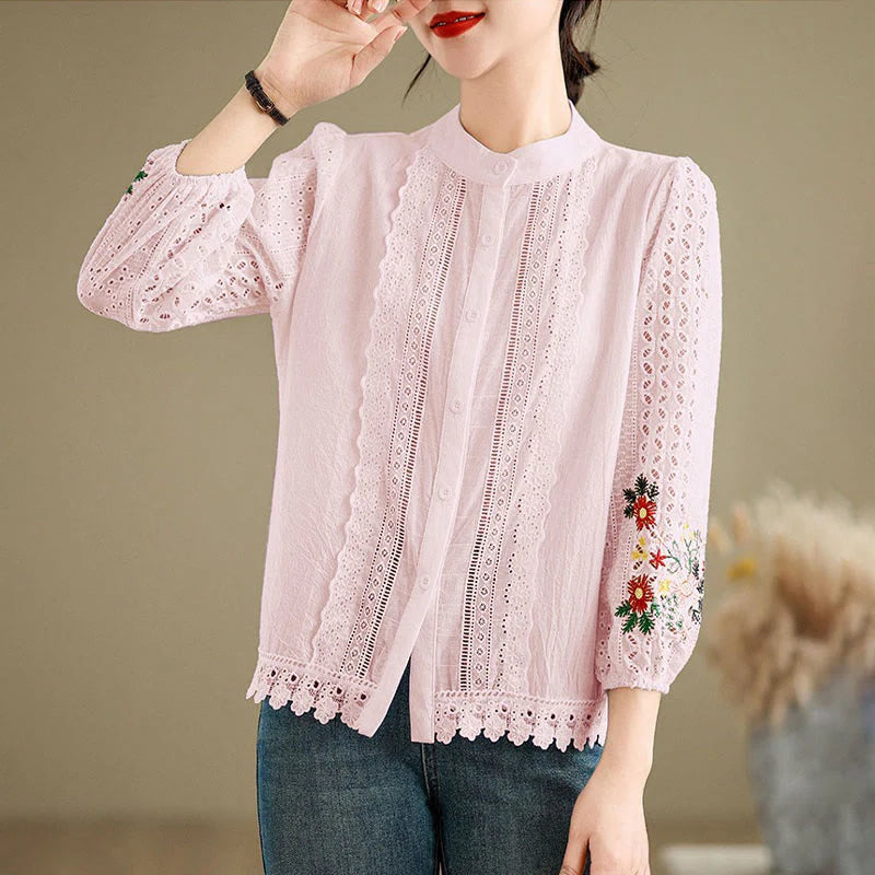 Buddha Stones Fall Lace Embroidery Flower Leaf Pattern Stand Collar Buttons Women's Long Sleeve Shirt