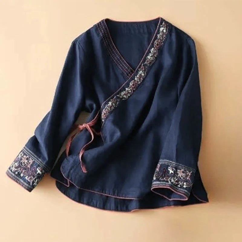 Buddha Stones Casual Embroidered Flowers Slant Collar Strap Long Sleeve Cotton Women's Shirt