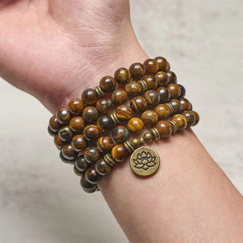 Buddha Stones Lotus Symbol Tiger Eye Beaded Strength Mala