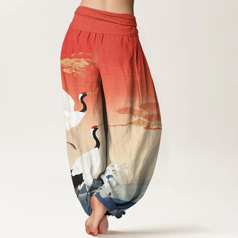 Buddha Stones Pure Cotton Cranes Auspicious Clouds OceanÂ Women's Elastic Waist Harem Pants