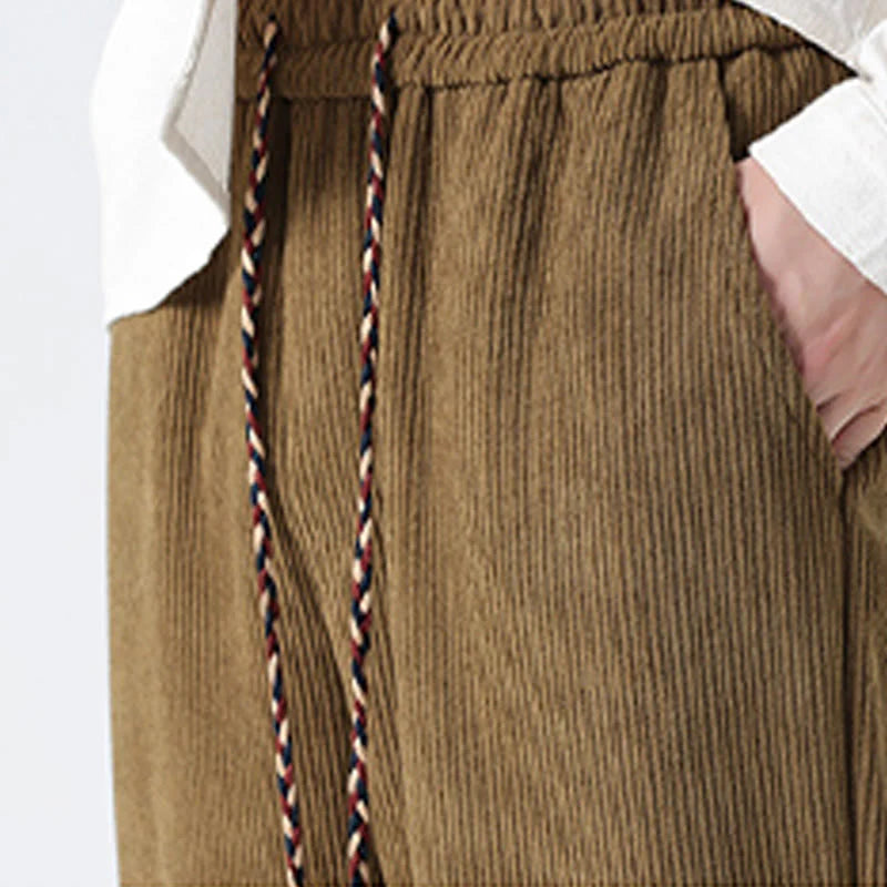 Buddha Stones Fall Solid Frog-Button Men's Drawstring Corduroy Straight Leg Pants With Pockets