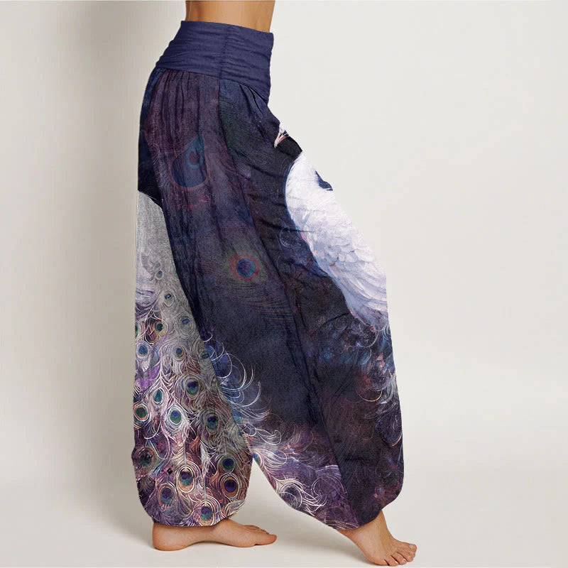 Buddha Stones Pure Cotton Gorgeous Peacock Pattern Women's Elastic Waist Harem Pants