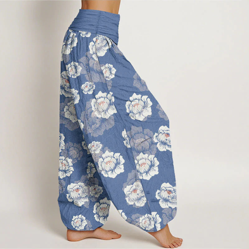 Buddha Stones Cotton Elegant White Flowers Pattern Women's Elastic Waist Harem Pants