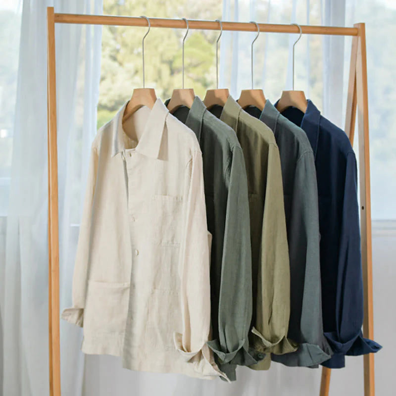 Buddha Stones Commute Fall Solid Color Lapel Men's Long Sleeve Cotton Linen Shirt With Pocket