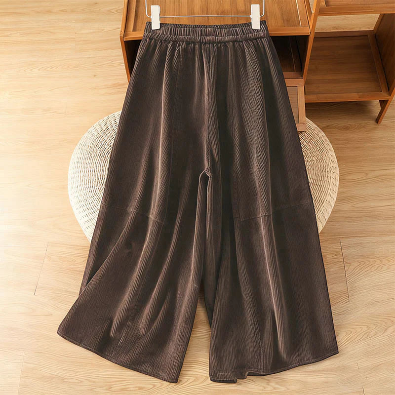 Buddha Stones Plain Elastic Waist Women's Cropped 7-8 Length Wide Leg Corduroy Pants