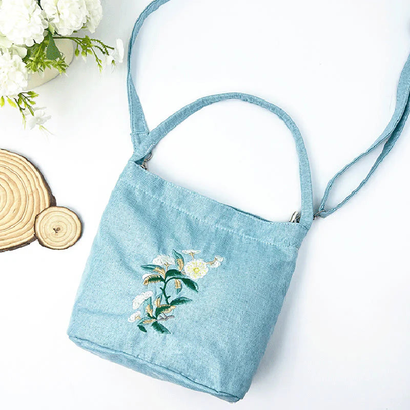 Buddha Stones Embroidery Wisteria Plum Lotus Cherry Blossom Cotton Linen Canvas Tote Crossbody Bag Shoulder Bag Handbag