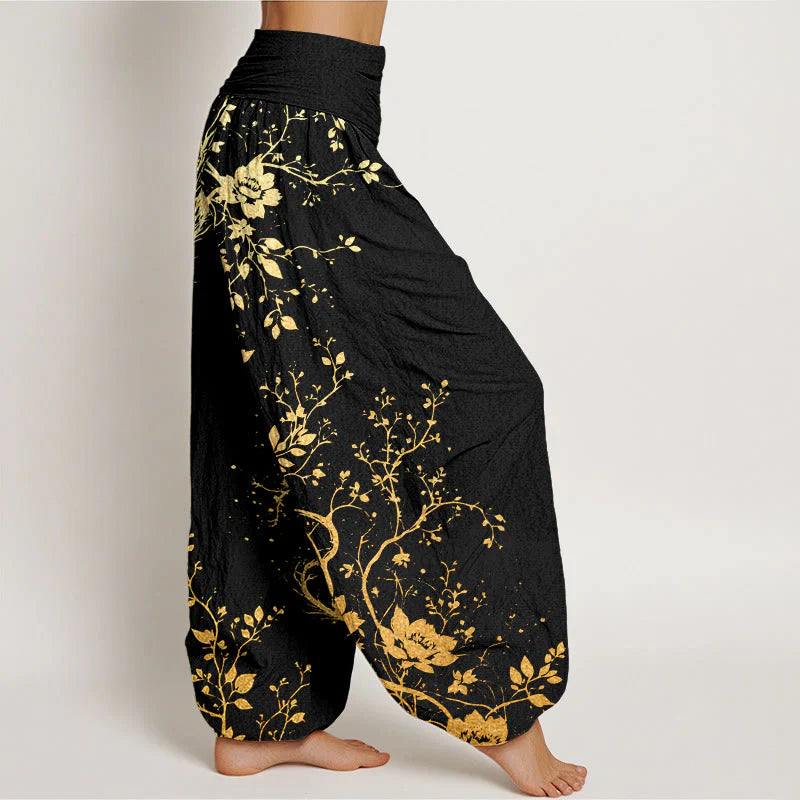Buddha Stones Cotton Casual Dragon Flower Leaf Pattern Women's Elastic Waist Harem Pants