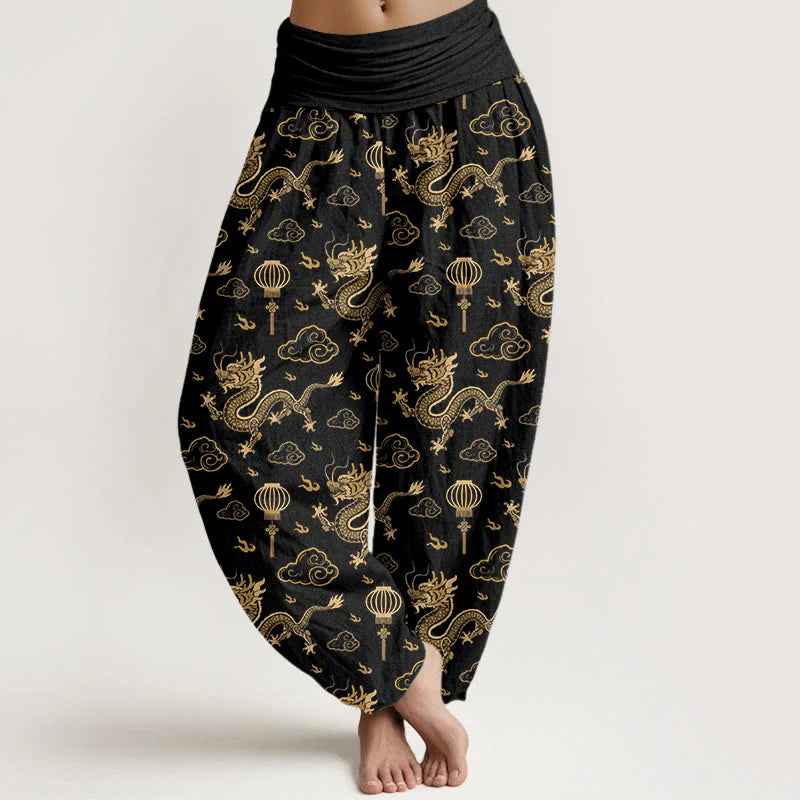 Buddha Stones Print Dragon Auspicious Cloud Lantern Pattern Women's Elastic Waist Harem Cotton Pants