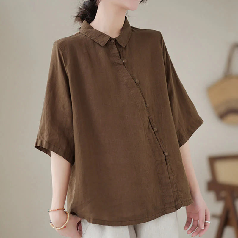 Buddha Stones Lapel Frog-Button Diagonal Placket Design Three Quarter Sleeve Women's Cotton Shirt