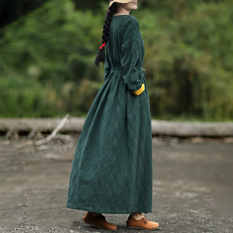 Buddha Stones Frog-Button Plain V-Neck Long Sleeve Cotton Midi Dress With Pockets