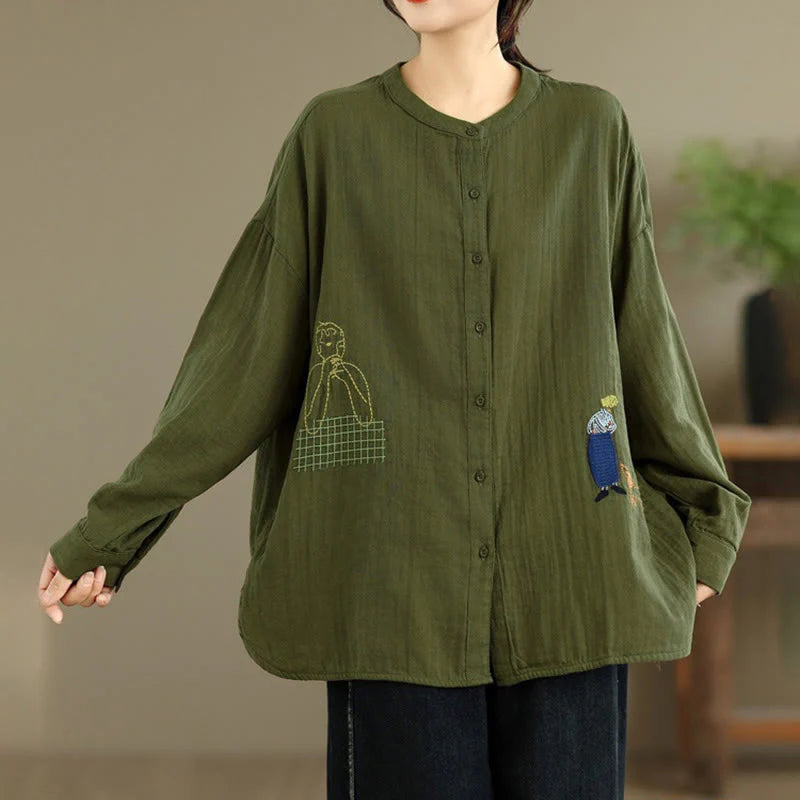 Buddha Stones Fall Embroidery Human Figure Dog Pattern Round Neck Buttons Women's Long Sleeve Shirt