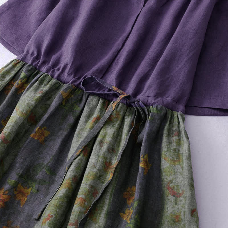 Buddha Stones Summer V Neck Drawstring Waist Floral Short Sleeve Below Knee Dress With Pockets