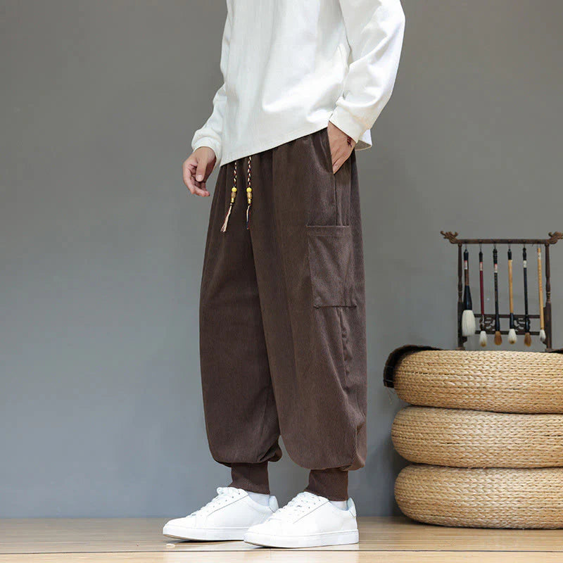 Buddha Stones Spring Solid Color Men's Ankle-Length Cotton Pants With Pockets