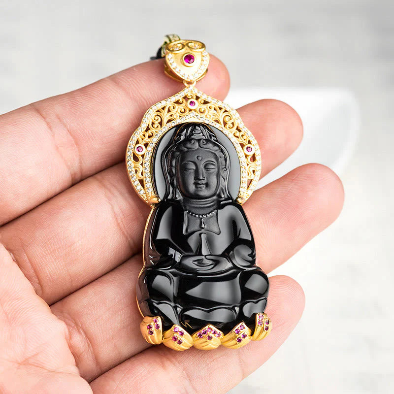 Buddha Stones Natural Black Jade Kwan Yin Avalokitesvara Wealth Titanium Steel Chain Necklace Pendant