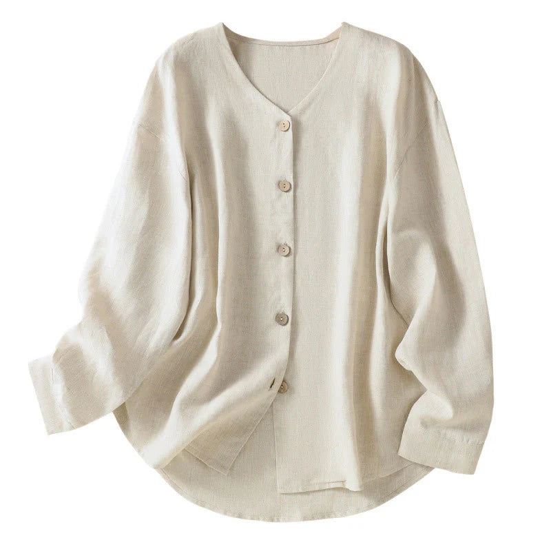 Buddha Stones Spring Plain Buttons Design V-Neck Long Sleeve Women's Cotton Linen Shirt
