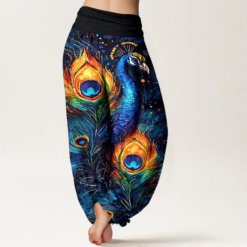 Buddha Stones Cotton Peacock Starry Sky Pattern Women's Elastic Waist Harem Pants
