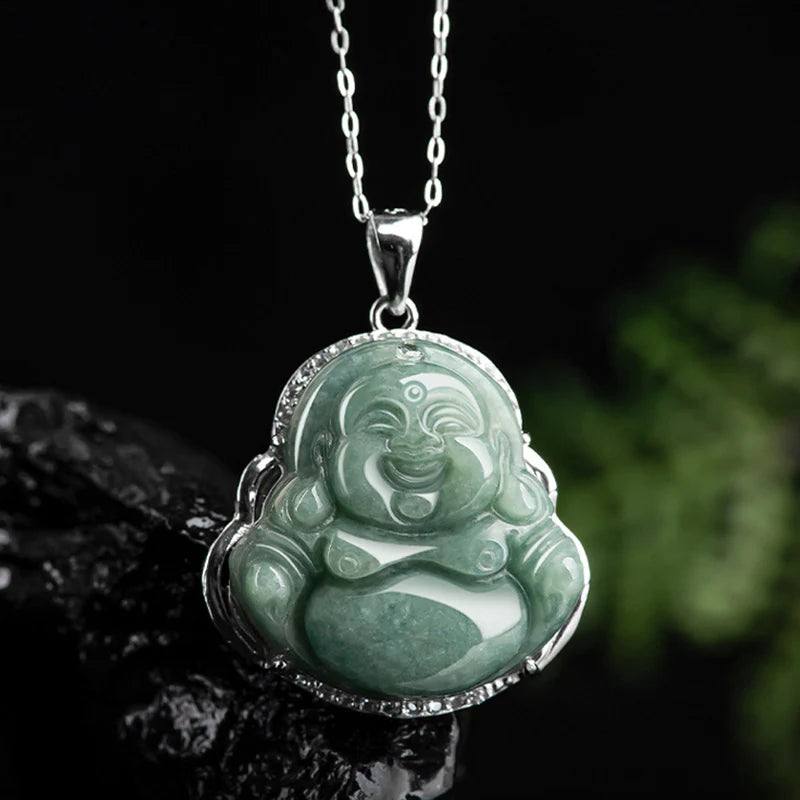 Buddha Stones Laughing Buddha Jade Abundance Necklace Titanium Steel Chain Pendant