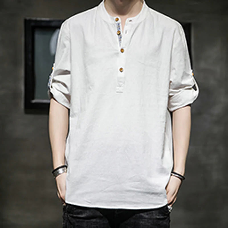 Buddha Stones Summer Solid Men's Half Buttons Half Sleeve Linen Shirt