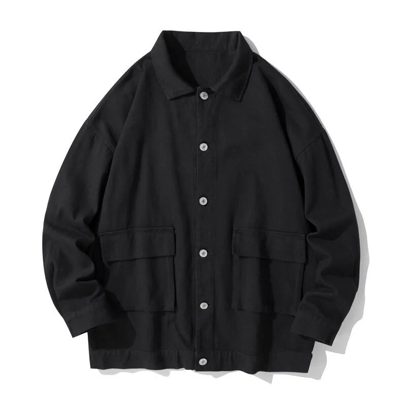 Buddha Stones Long Sleeve Button Stand Collar Design Men's Cotton Jacket Shirt With Pockets