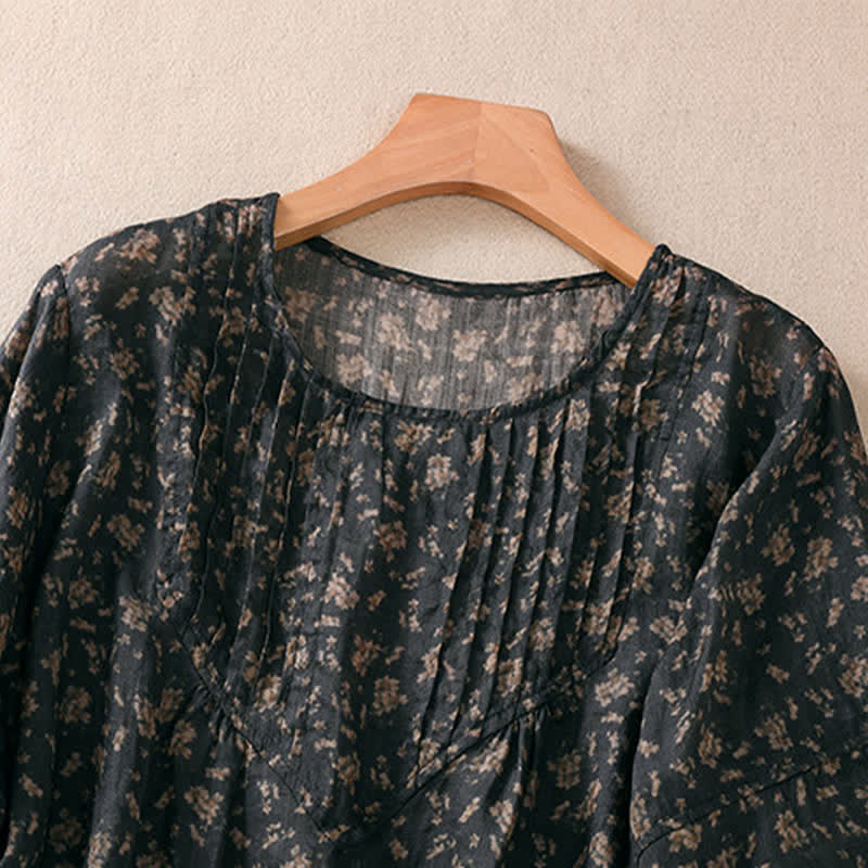 Buddha Stones Commute Floral Crew Neck Pleated Design Puff Short Sleeve Women's T-Shirt