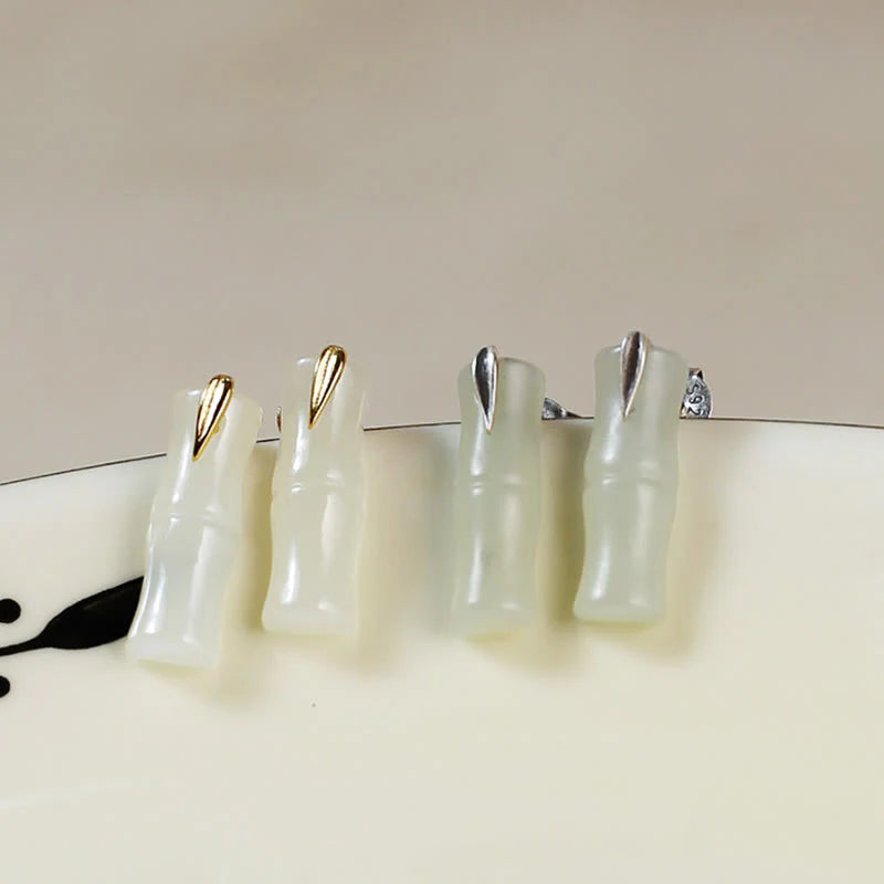 Buddha Stones Bamboo Hetian Jade 925 Sterling Silver Leaf Wealth Earrings