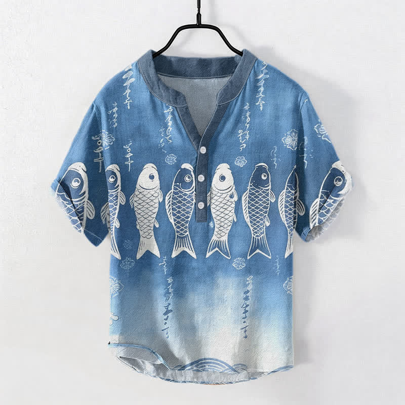 Buddha Stones Cotton Koi Fish Emblem Men's Short Sleeve Half Button Shirt