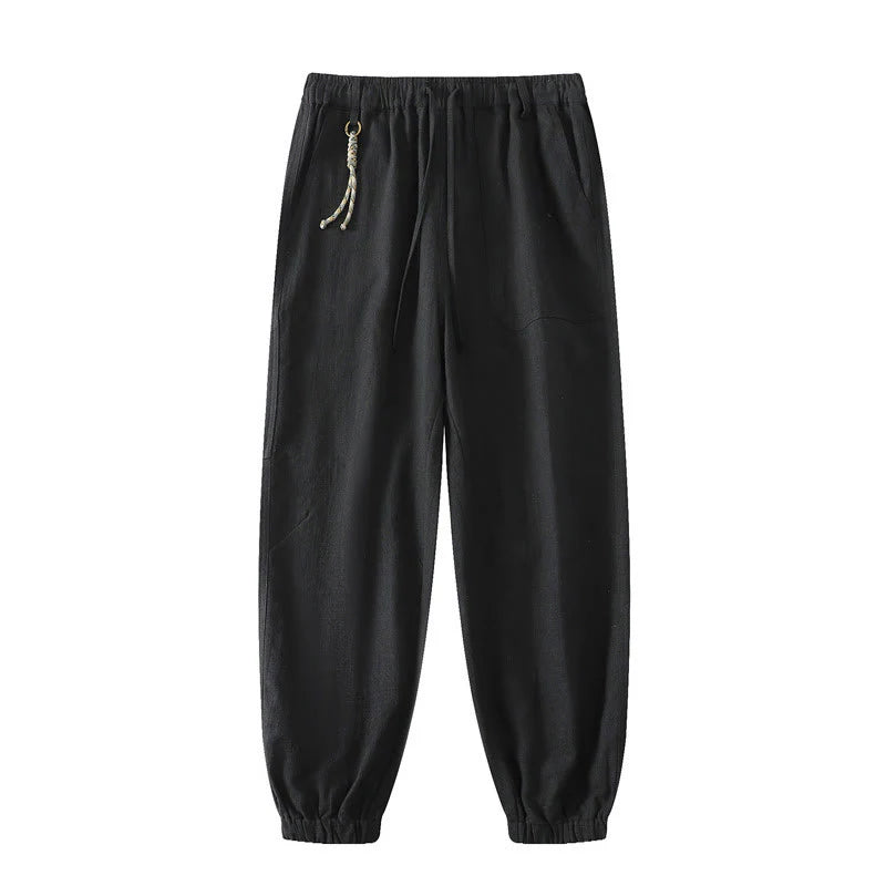 Buddha Stones Summer Ramie Linen Cotton Ankle-Length Elastic Cuffs Tapered Men's Pants With Pockets