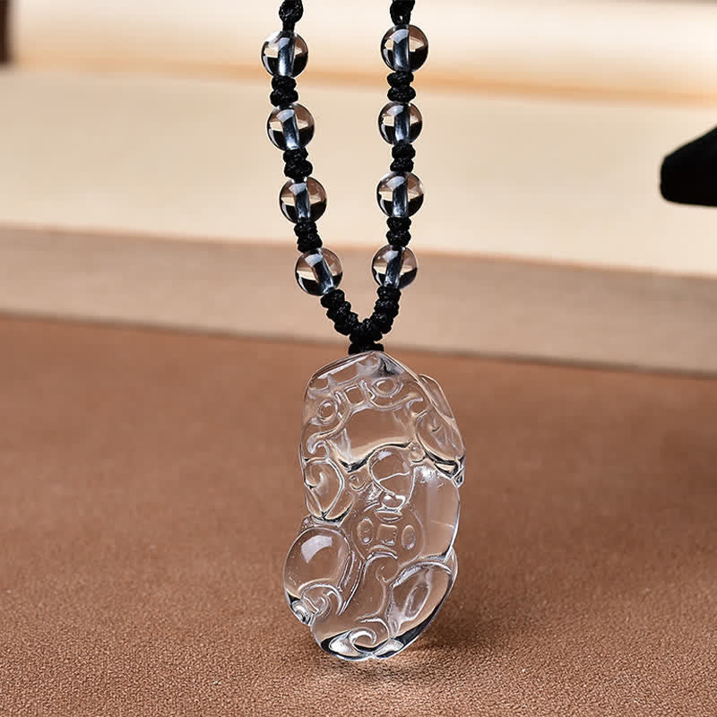 Buddha Stones Natural Clear Quartz Pixiu Clarity Beads Rope Necklace