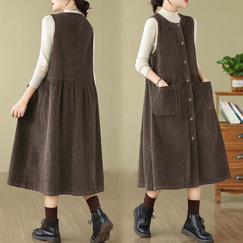 Buddha Stones Fall Retro Buttons Design Corduroy Sleeveless Midi Dress With Pockets