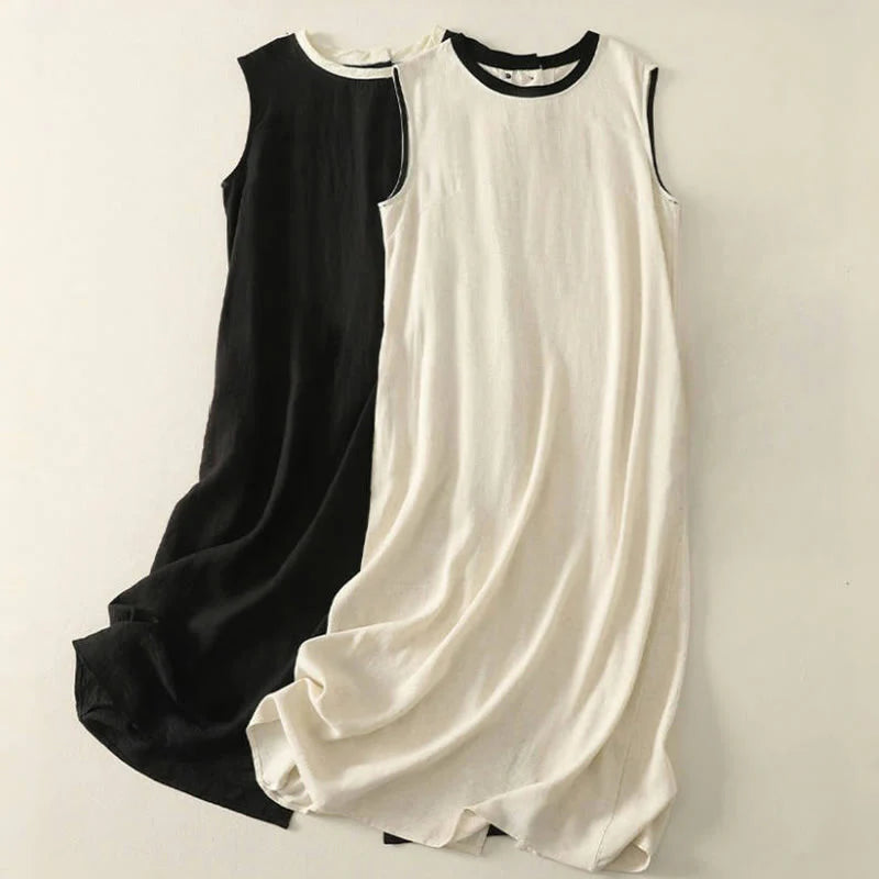 Buddha Stones Casual Stitching Color Handmade Button Design Midi Dress Polyester Sleeveless Dress With Pockets