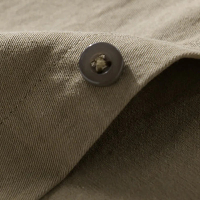 Buddha Stones Casual Solid Buttons Down Decorative Pocket Men's Stand Collar Long Sleeve Cotton Shirt