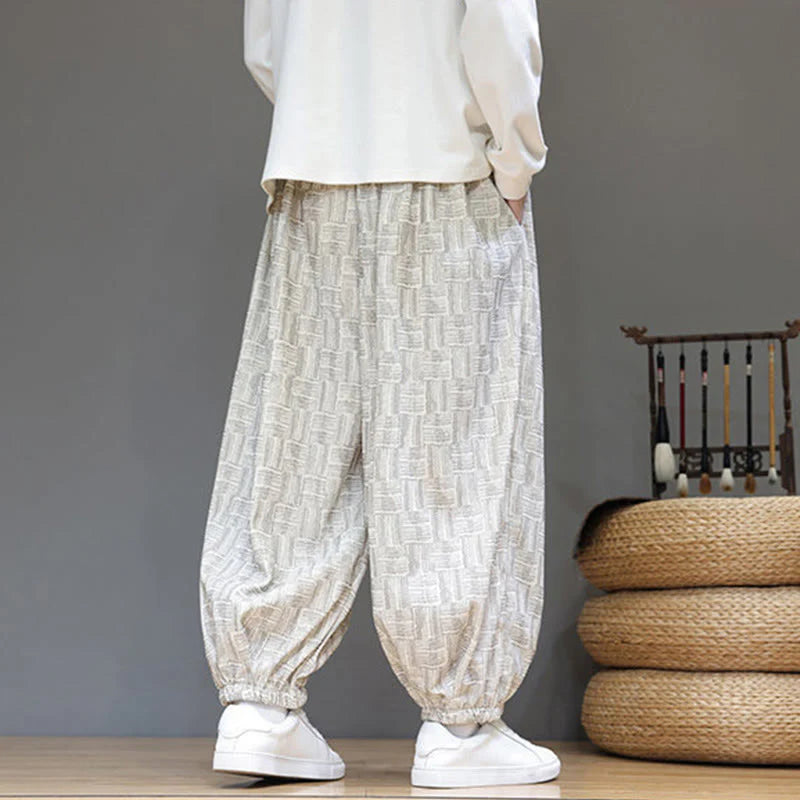 Buddha Stones Fall Jacquard Plaid Pattern Cotton Corduroy Men's Harem Pants With Pockets