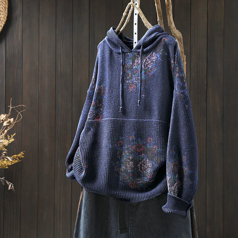 Buddha Stones Women's Knitted Floral Cotton Long Sleeve Hooded Sweater