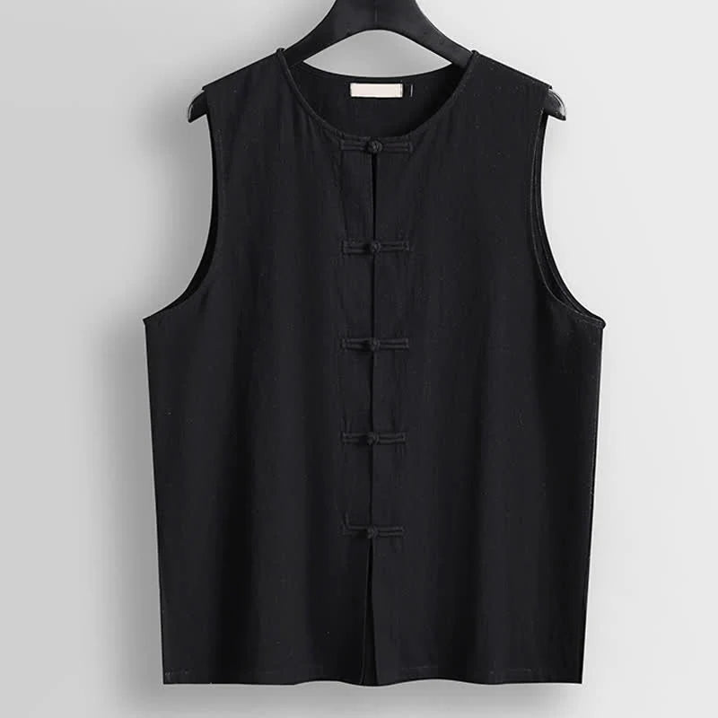 Buddha Stones Retro Frog-Button Crew Neck Men's Cotton Linen Sleeveless Vest