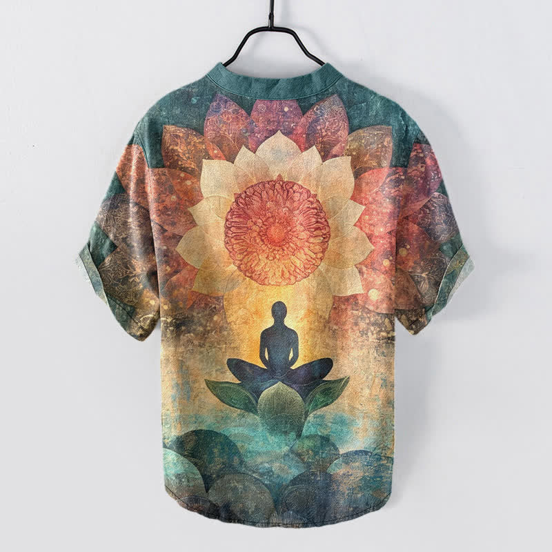 Buddha Stones Cotton Lotus Meditating Figure Pattern Men's Short Sleeve Half Button Shirt