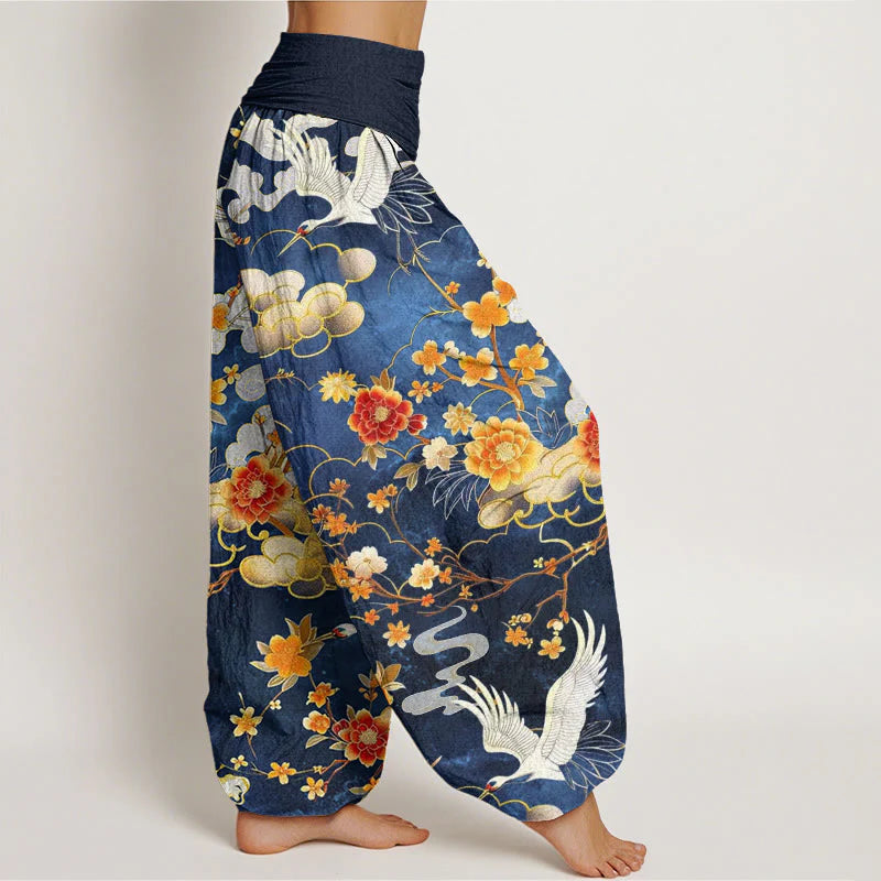 Buddha Stones Cotton Auspicious Clouds White Cranes Red Flowers Pattern Design Women's Elastic Waist Harem Pants