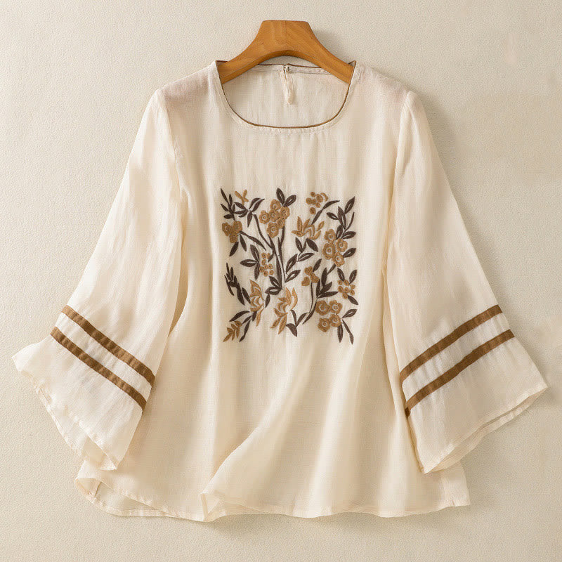 Buddha Stones Retro Embroidery Floral Three Quarter Sleeve Women's Cotton T-Shirt
