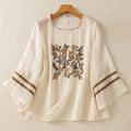 Buddha Stones Retro Embroidery Floral Three Quarter Sleeve Women's Cotton T-Shirt