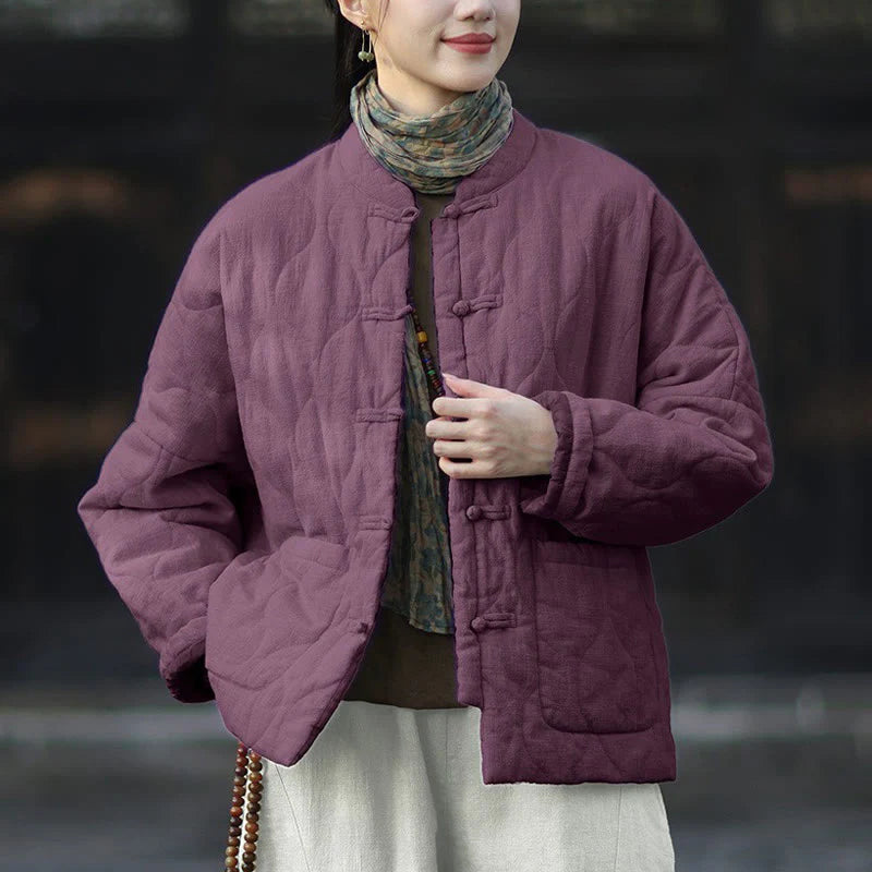 Buddha Stones Winter Curved Lines Frog-Button Ramie Cotton Long Sleeve Women's Thermal Jacket With Pockets