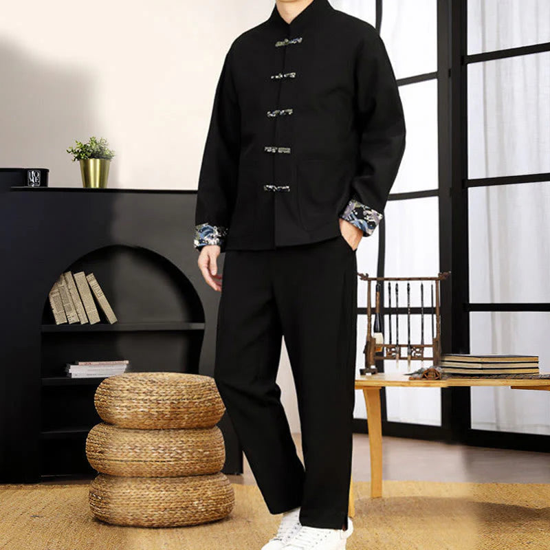 Buddha Stones 2Pcs Tang Suit Frog-Button Men's Waves Long Sleeve Shirt Pants Clothing Set