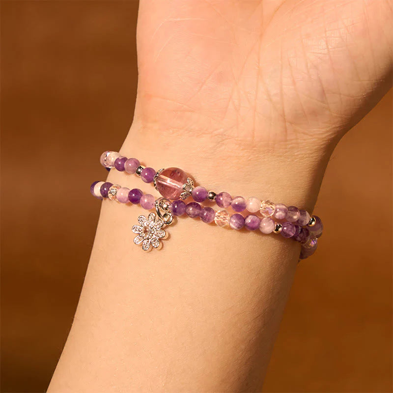 Buddha Stones Amethyst Crystal Sunflower Spiritual Awareness Double Wrap Bracelet