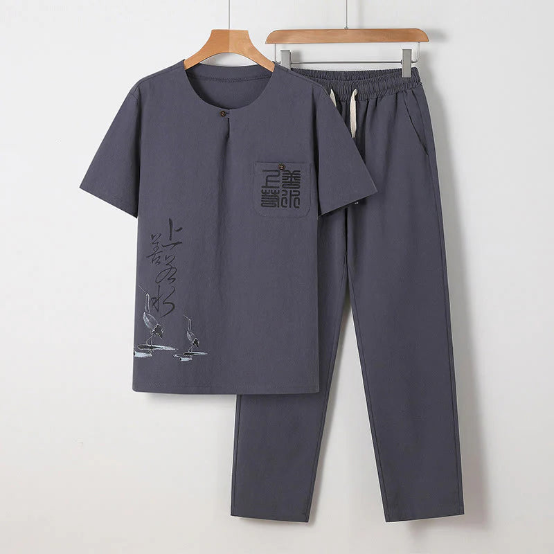 Buddha Stones 2Pcs Chinese Characters Crane Cotton Shirt Pants With Pockets Men's Meditation Cloth Set