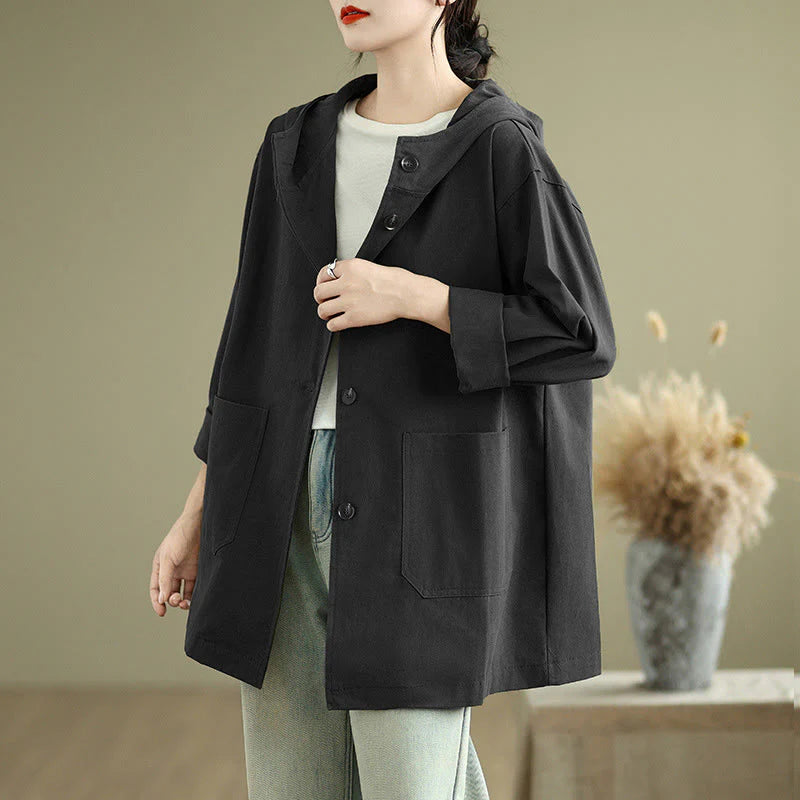 Buddha Stones Fall Vintage Hoodie Women's Cotton Linen Jacket With Front Pockets