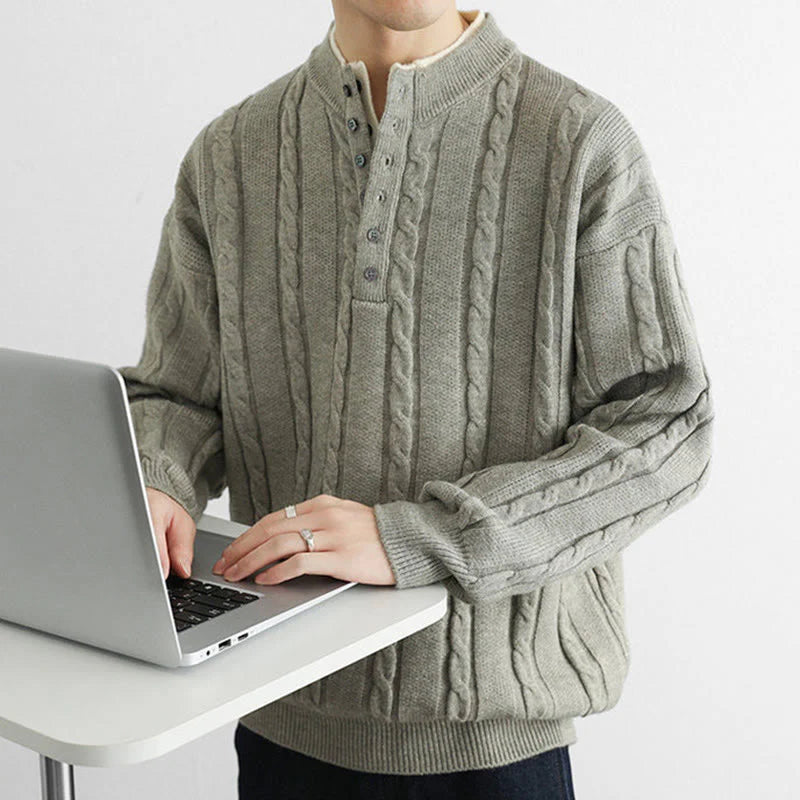 Buddha Stones Winter V-Neck Buttons Twisted Design Warm Men's Long Sleeve Knitted Sweater