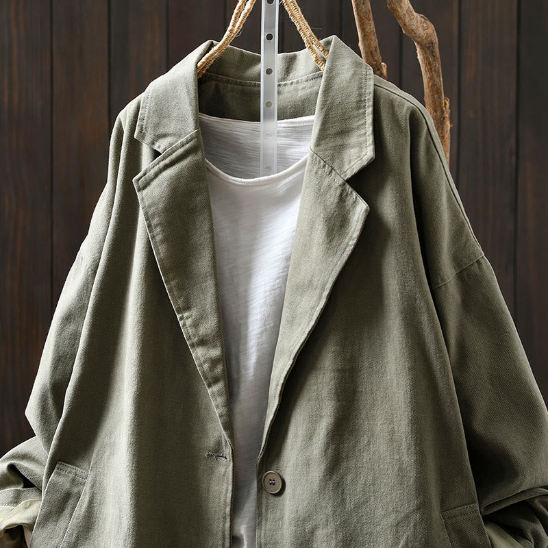 Buddha Stones Spring Fall Buttons Lapel Collar Long Sleeve Mid-length Cotton Women's Jacket With Pockets