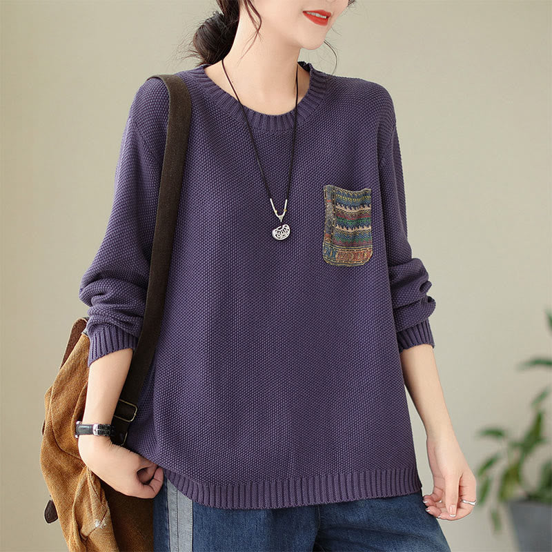 Buddha Stones Fall Floral Decorative Pocket Pattern Knitted Cotton Women's Long Sleeve Sweater