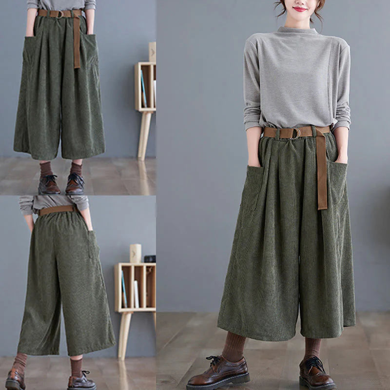 Buddha Stones Retro Women's Wide Leg 7-8 Length Corduroy Pants With Pockets Belt