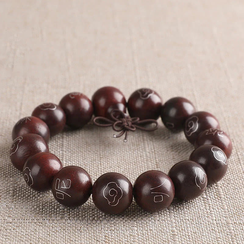 Buddha Stones 925 Sterling Silver Inlaid Small Leaf Red Sandalwood Om Mani Padme Hum Character Auspicious Clouds Protection Bracelet